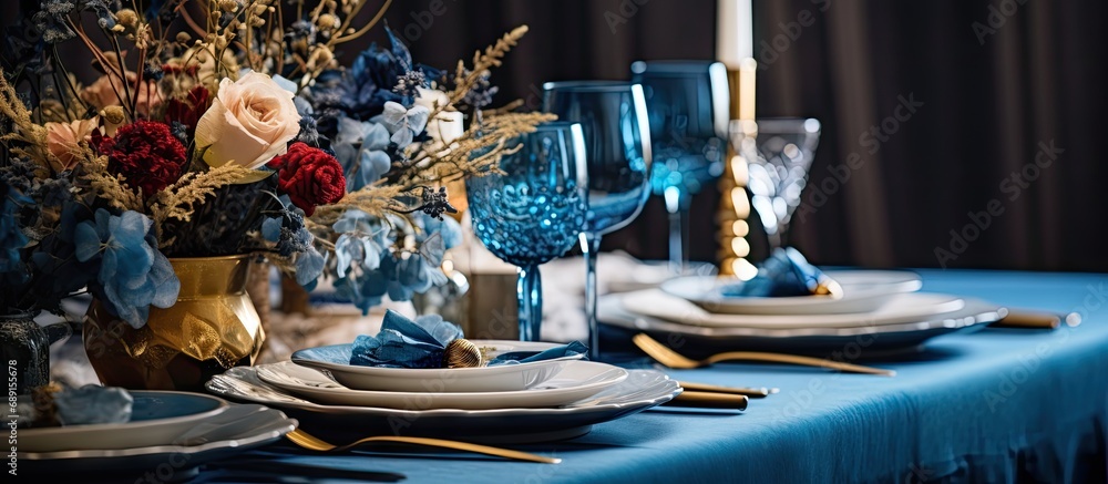 Poster boho wedding decor in vibrant blue and gold festive table setting copy space image place for adding 