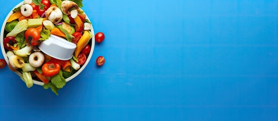 Kitchen compost bin with peeled vegetables on blue background Top view Recycling concept for sustainable and zero waste Copy space image Place for adding text or design - Powered by Adobe