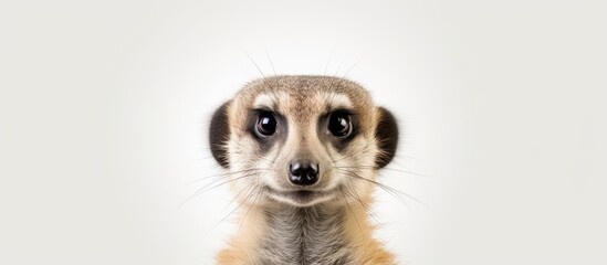 Meerkat portrait on white backdrop Copy space image Place for adding text or design - obrazy, fototapety, plakaty