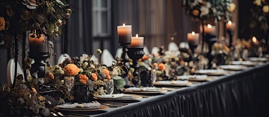 Luxurious wedding reception with trendy black decor including flowers candles and table setup in a restaurant hall Suitable for birthday parties baptisms and other events Copy space image Place