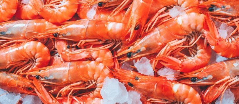 Fresh red shrimps for sale on the ice covered seafood market in Greece Copy space image Place for adding text or design