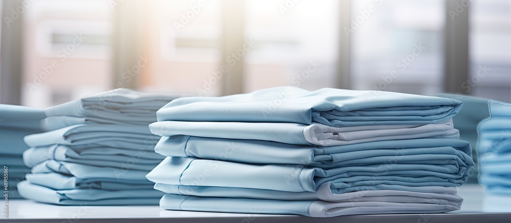 Poster Laundry service for medical institutions with clean folded sheets and surgical clothes Copy space image Place for adding text or design