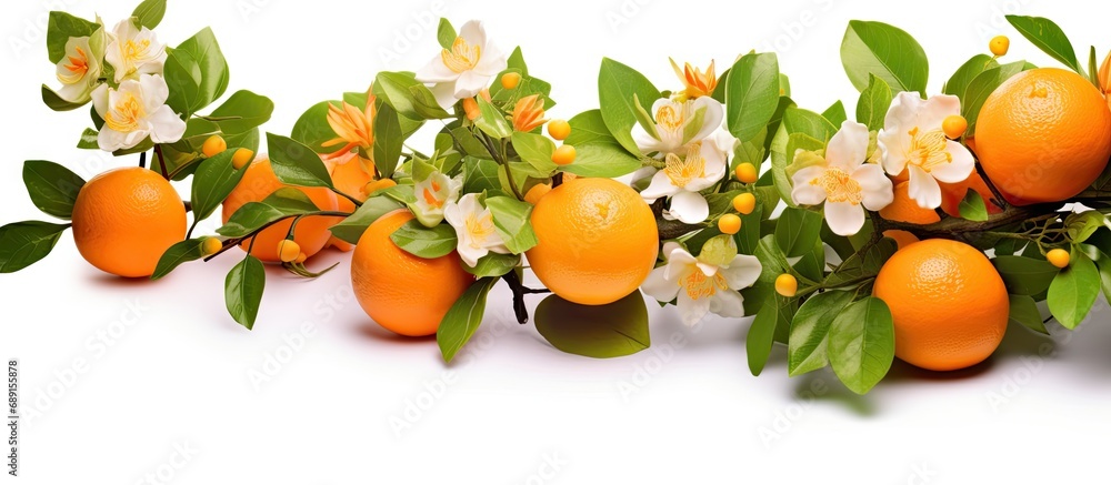 Poster an isolated branch of citrus tree with fruits and flowers on white background copy space image place