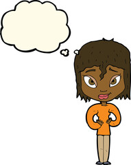 cartoon satisfied woman with thought bubble