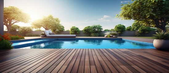Luxury home with a backyard swimming pool and wooden deck Copy space image Place for adding text or design - obrazy, fototapety, plakaty