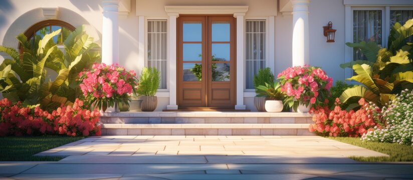 Luxurious house entrance with patio and beautiful landscaping on a sunny day Copy space image Place for adding text or design