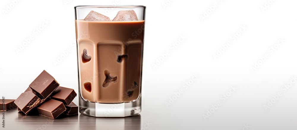 Poster Isolated glass of chocolate milk with ice cube on white background Copy space image Place for adding text or design