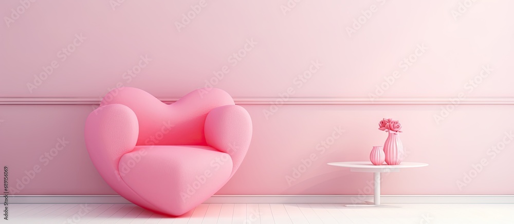 Poster Minimal interior design concept with pink heart on pink armchair copy space 3d render Copy space image Place for adding text or design