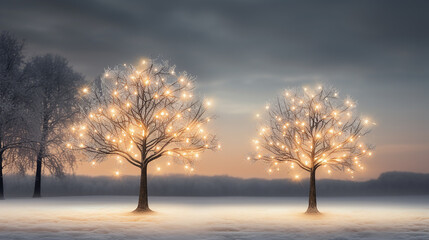 Árvores com luzes de natal na paisagem de inverno copiam o espaço