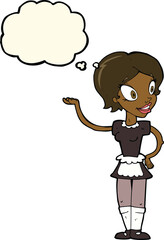 cartoon woman in maid costume with thought bubble