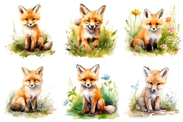 Set of watercolors of a little fox | generative AI