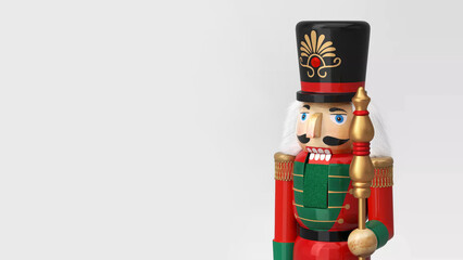 Fototapeta na wymiar Closeup of traditional Christmas nutcracker soldier, isolated on copy-space background.