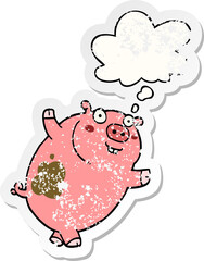 funny cartoon pig with thought bubble as a distressed worn sticker