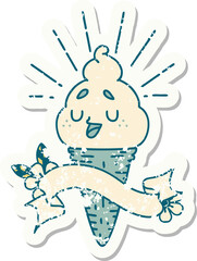 worn old sticker of a tattoo style ice cream character