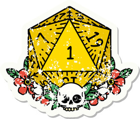 grunge sticker of a natural one dice roll with floral elements