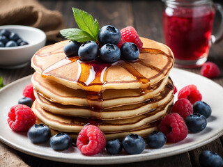 Stack of Pancakes with Maple Syrup and Fresh Blueberries