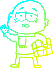 cold gradient line drawing of a cartoon tired bald man