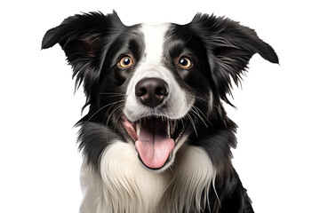 Panting Border Collie Headshot, Black And White Image, Transparent White Background, Png.