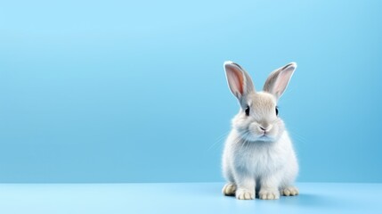 White baby rabbit on blue background, Easter holiday concept with space for copy