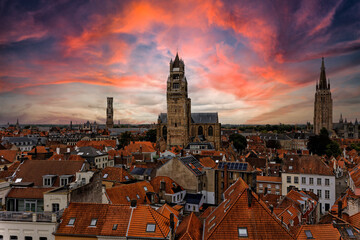 Fototapeta premium Medieval Town Bruges old city in Flanders in Belgium Europe. Art and culture. Tourists from the world. Ancient medieval architecture gothic with towers buildings, canals, cobbled alleyways horses