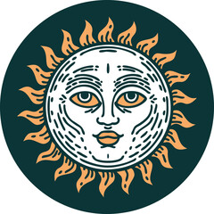 iconic tattoo style image of a sun with face