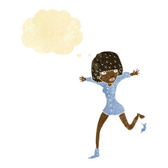 cartoon woman kicking off sock with thought bubble