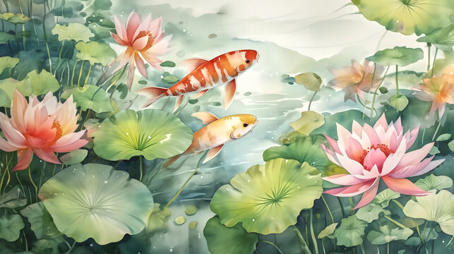 Watercolor Painting Of Lotus Pond With Carp Background