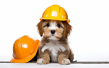 Cão de trabalho com capacete de construção - obrazy, fototapety, plakaty