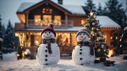 Obraz premium snowman on the background of a house with Christmas decorations