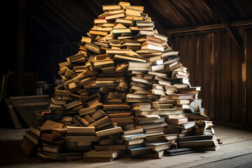 A huge number of old books folded at an angle created with Generative Ai