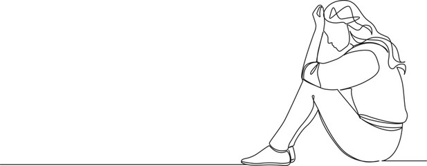 continuous single line drawing of thoughtful worried woman sitting on floor holding her head, line art vector illustration