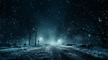 eisige frostige nacht himmel dunkel sterne klirrend kalt verschneite straße schnee regen glätte frost ki ai generiert - obrazy, fototapety, plakaty
