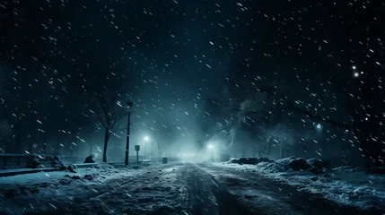 Fototapeten eisige frostige nacht himmel dunkel sterne klirrend kalt verschneite straße schnee regen glätte frost ki ai generiert © JPbodyparts