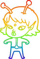 rainbow gradient line drawing of a pretty cartoon alien girl