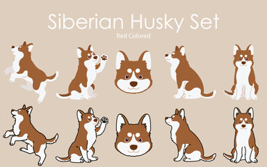 Simple and adorable red colored Siberian Husky dog illustrations set