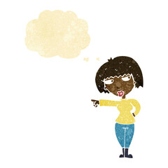 cartoon annoyed woman pointing with thought bubble
