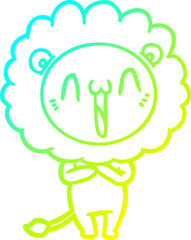 cold gradient line drawing of a happy cartoon lion