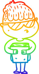 rainbow gradient line drawing of a cartoon boy wearing sunglasses