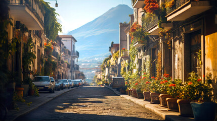 Amalfi coast look-like landscape, Italian town on the sea, terraced houses decorated with flowers. Mediterranean travel concept  