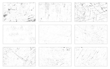 Grunge overlay textures with dust grain isolated on white background. Set of vector paint brush stroke, ink splash and grungy decoration elements