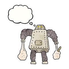 freehand drawn thought bubble textured cartoon robot carrying shopping