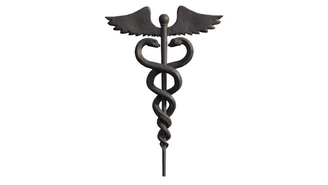 Caduceus Medical symbol 3d gray black isolated looped rotating video on a white background 