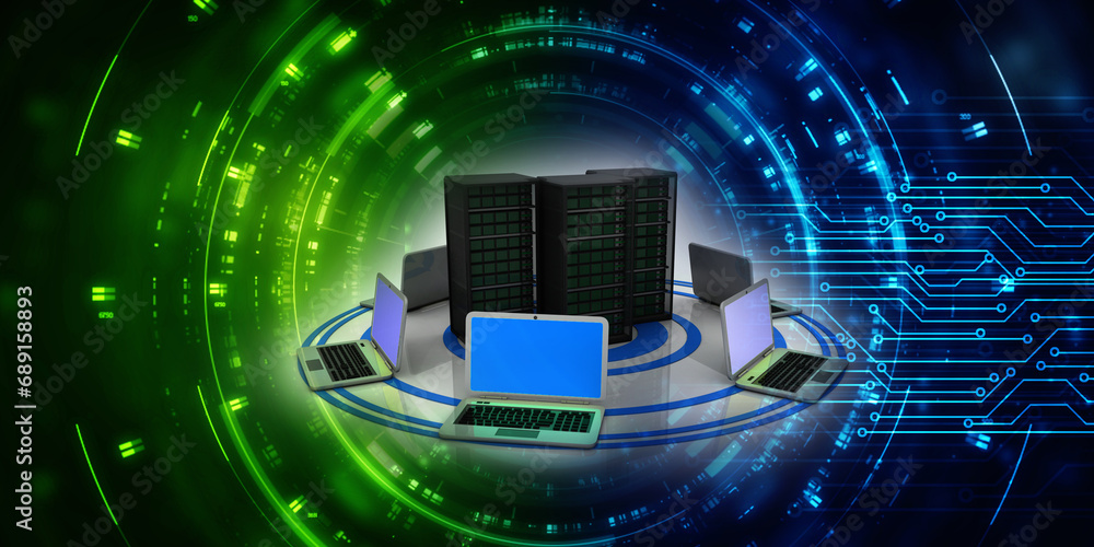 Poster 3d illustration data center server connected computer network