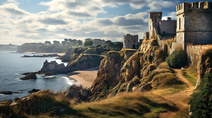 Beautiful landscape with Ruins of medieval English castle staying on rocks at the seaside 
