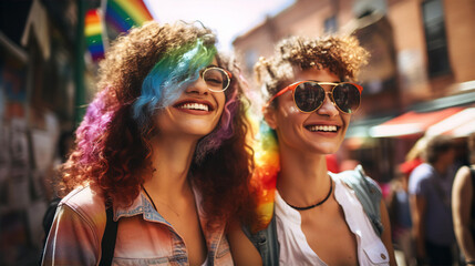 Pride Parade. Lesbian couple at parade with lots of happy LGBT people celebrating freedom and love