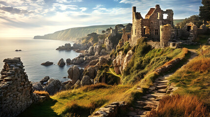 Beautiful landscape with Ruins of medieval English castle staying on rocks at the seaside  - obrazy, fototapety, plakaty