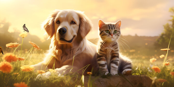 little kitten and puppy.British cat and Golden Retriever sitting in park ,Friends,A dog and a cat relaxing together in the green grass,Golden retriever and British shorthair cat cuddlingGenerative AI.