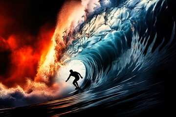 Silhouette of a Surfer Riding a Big Wave Through a Barrel on the Surfboard, Abstract Image with Bright Colors