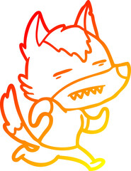 warm gradient line drawing of a cartoon wolf showing teeth