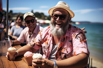 Fototapeta premium Smiling Middle-Aged Man with Gray Beard, Sunglasses, and Straw Hat Sitting with an Ice Cream Cone at a Rustic Wooden Table by the Sea